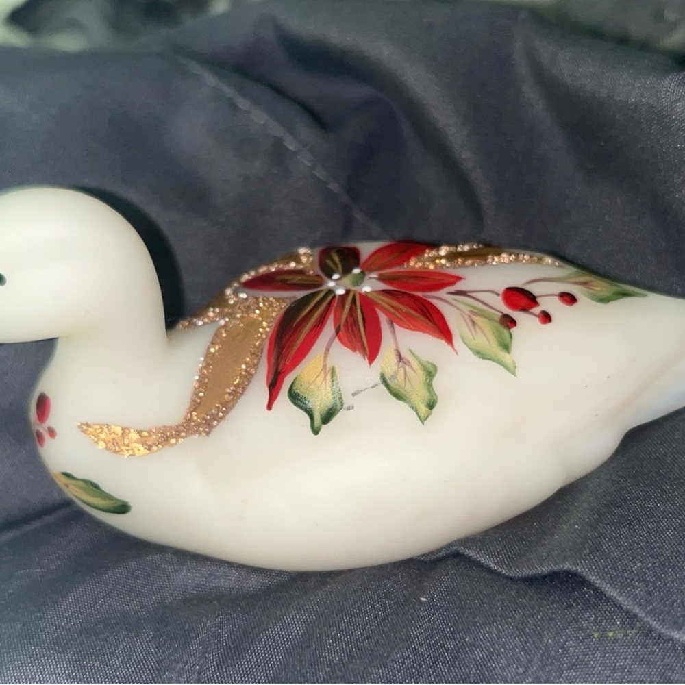 Vintage White Opal Satin Duck with Hand Painted Red Poinsettia and Gold Accents